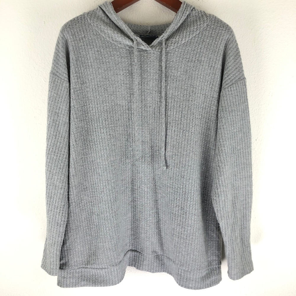 Cozycore Lounge Japandi Scandi Plus Waffle Knit Hoodie Gray Pullover Top 2X